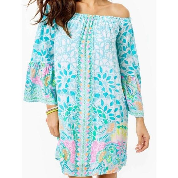 Lilly Pulitzer Dresses & Skirts - Lilly Pulitzer Nevie Blue Off Shoulder Bell Sleeve Dress Multi Caribbean Citrus